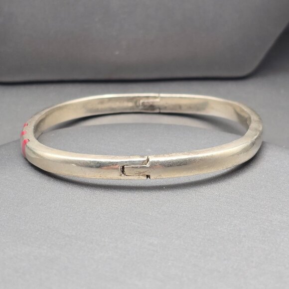 Taxco Sterling Silver Red Coral Inlay Bracelet Hinged Bangle 7" Modernist VTG - Picture 3 of 12